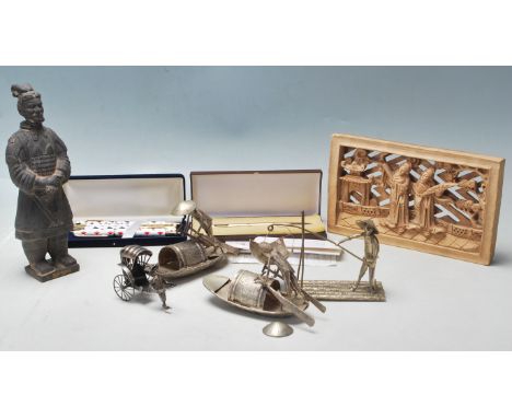A group of vintage antique style white metal Chinese figurines &nbsp;to include a small rickshaw stamped with Chinese charact