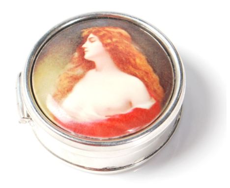 A stamped 925 silver and enamel pill box. A circular panel sits atop, depicting a Pre-Raphaelite maiden wearing a red dress w