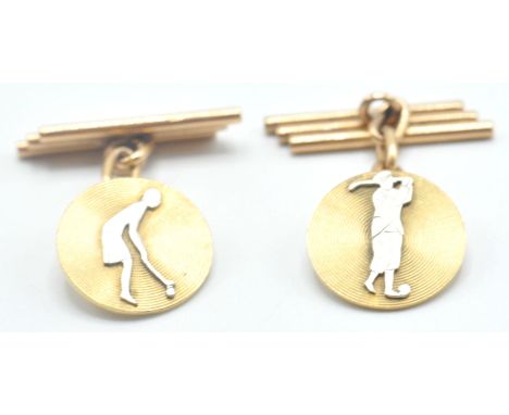 A pair of 1930's Art Deco 18ct gold golfing cufflinks having having round engine turned heads, each with a silhouette of his 