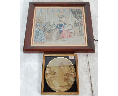 A Victorian 19th century silk tapestry of a Shakespearian lady and dog being set within a black and gilt glass frame. Togethe