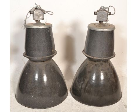 A set of 2 retro vintage mid century Industrial black enamelled painted cylindrical factory pendant light / lamp shades of ci