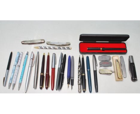 A collection of mid century and later Parker, Sheaffers, Platignum&nbsp;fountain pens, ball pens and fruit knives with steel 