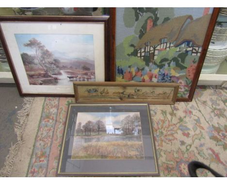 M. Leverett pastel landscape, coach and horses print, cattle print and a wool work picture