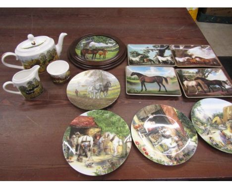 Banbury Mint 'Day's on the farm' teapot, milk jug and sugar bowl, Royal Doulton picture plates and a Spode plate in wooden ch