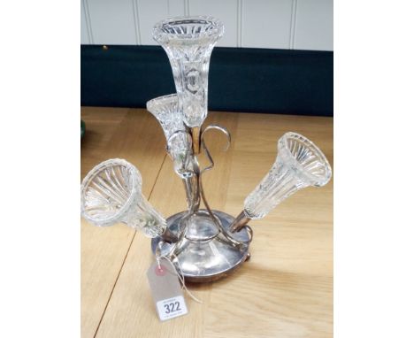 A silver plated four trumpet pressed glass epergne