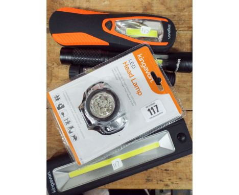 Four assorted torches and an LED headlamp