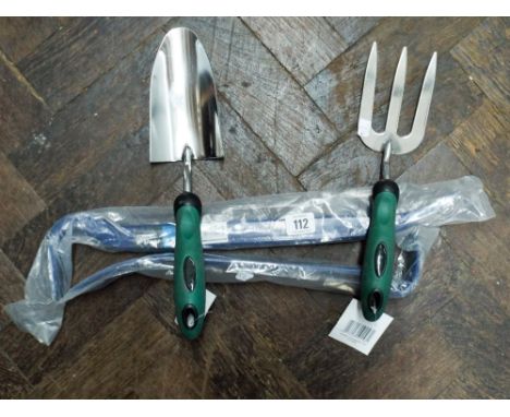 Two new pry bars and a new stainless steel hand trowel and fork 