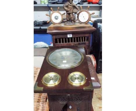 A small CD rack, a fisherman barometer, clock, storage box, stool etc 