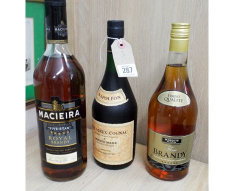 Litre bottle of Macieira Brandy, 70cl bottle of brandy and a 70cl bottle of Napoleon Cognac