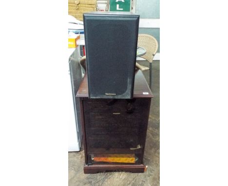 A four tier Technics stacking music system with CD, tapes, amplifier, turntable,  two speakers etc in cabinet