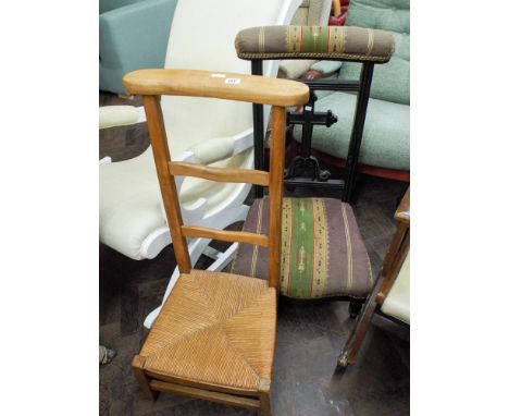 A Victorian upholstered prie dieu chair and a pine ladder back prie dieu style chair 