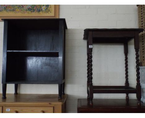 Oak occasional table on barley twist legs and a stained open shelf unit 
