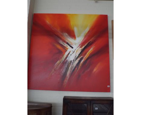 A large red modern art unframed painting and a smaller picture of farmyards