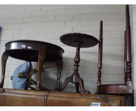 A circular coffee table, wine table, console table and a camel seat stool