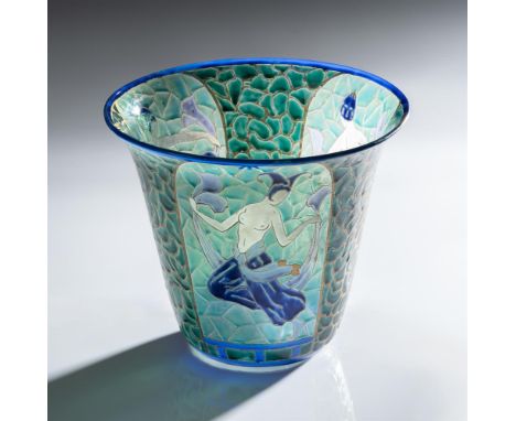 ‡&nbspMARCEL GOUPY (FRENCH 1886-1980), AN ENAMELLED GLASS FLARED VASE  CIRCA 1925 Decorated in the cloisonné manner with thre