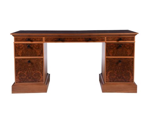 DAVID LINLEY, A BURR WALNUT AND CROSSBANDED PEDESTAL DESK  OF RECENT MANUFACTURE,  Stamped LINLEY to one end of the top 75.5c