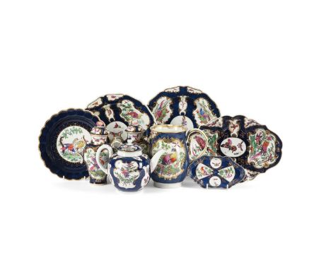 A SELECTION OF WORCESTER BLUE AND BLUE-SCALE GROUND PORCELAIN  VARIOUS DATES THIRD QUARTER 18TH CENTURY Decorated with panels