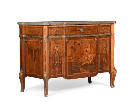 A FRENCH MARQUETRY INLAID COMMODE WITH MARBLE TOP  LATE 19TH CENTURY 83cm high, 112cm wide, 55cm deep   Condition Report:  Ma