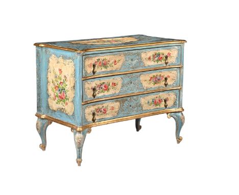 A CONTINENTAL POLYCHROME PAINTED COMMODE, POSSIBLY VENETIAN  19TH CENTURY AND PROBABLY REDECORATED 90cm high, 113cm wide, 62c