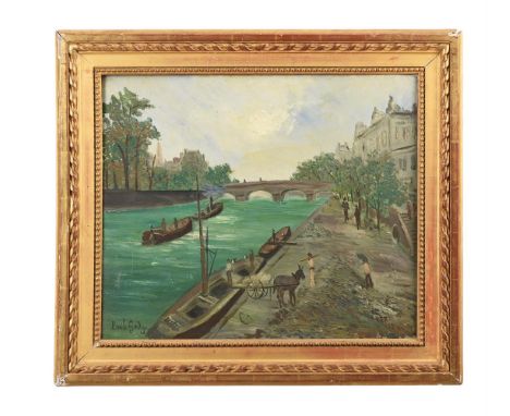 λ&nbspÉMILE GODY (FRENCH 20TH CENTURY)  FIGURES ALONG THE SEINE  Oil on canvas Signed (lower left) 46.5 x 55cm (18¼ x 21½ in.
