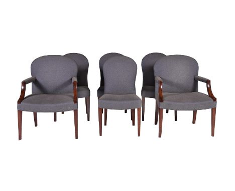 A SET OF TWELVE MAHOGANY AND BLUE UPHOLSTERED DINING CHAIRS  OF RECENT MANUFACTURE To include a pair of 'Gainsborough' type a