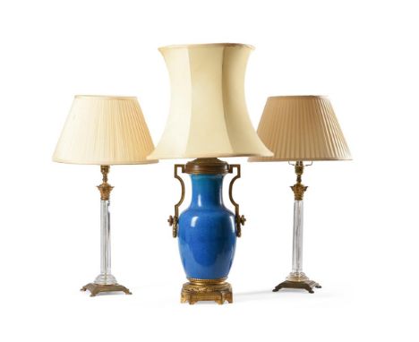 A FRENCH BLUE PORCELAIN AND GILT METAL MOUNTED TABLE LAMP  EARLY 20TH CENTURY 50cm high excluding fitment   Together with a p