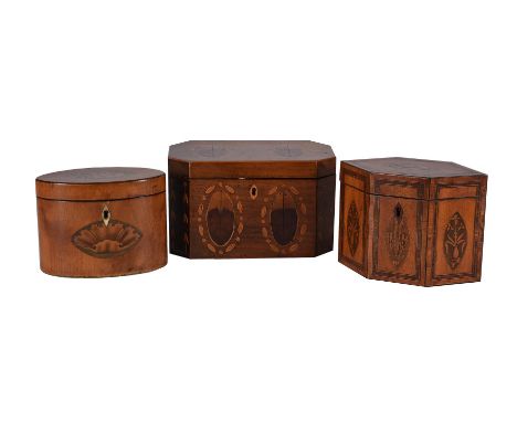 Y&nbspA GROUP OF THREE GEORGE III TEA CADDIES  LATE 18TH CENTURY Comprising; a satinwood, tulipwood banded, and marquetry inl