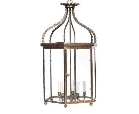A GILT BRASS HEXAGONAL LANTERN IN REGENCY STYLE  LATE 20TH CENTURY 97cm high  Condition Report:  Marks, knocks, scratches, ab