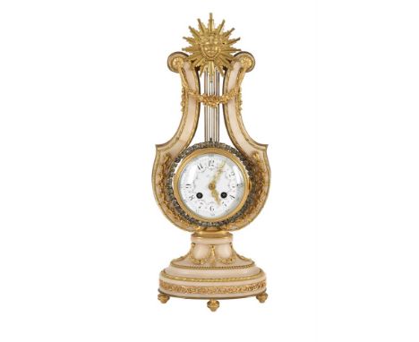 A FRENCH ALABASTER AND GILT METAL MOUNTED MANTEL CLOCK    LATE 19TH CENTURY  The eight-day bell striking movement with Arabic