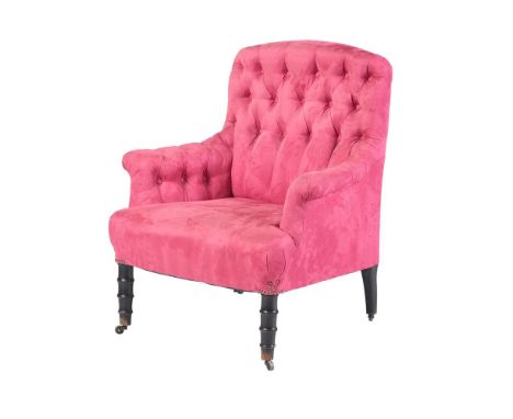 A VICTORIAN EBONISED AND BUTTON UPHOLSTERED TUB ARMCHAIR  CIRCA 1870 On faux bamboo legs at the front 93cm high, 87cm wide, 7