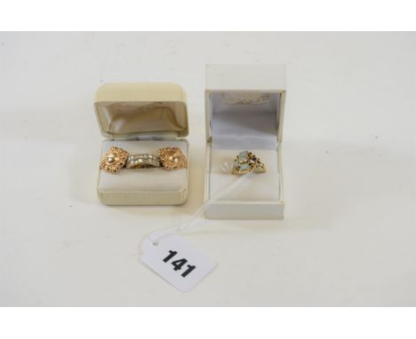 A 9CT GOLD CUBIC ZIRCONIA RING, a 9ct gold opal set RING a.f. and a pair of 9ct gold EARRINGS, approximately 9 grams.  (3)   