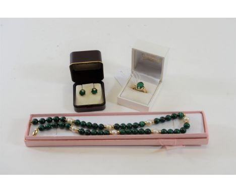 A 9CT GOLD MALACHITE RING, a pair of 9ct gold malachite EARRINGS and a malachite and pearl NECKLACE with 14k gold clasp.  (3)