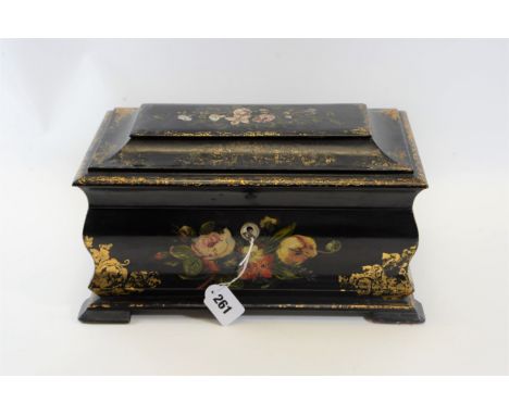 A VICTORIAN RECTANGULAR BOMBE SIDED PAPIER-MACHE TEA CADDY with painted floral and mother-of-pearl inlay, the interior with r