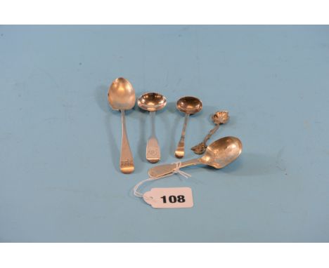 A VICTORIAN SILVER CADDY SPOON with foliate engraved handle, maker:- G.U, Birmingham 1854, two silver CONDIMENT SPOONS, an Ed