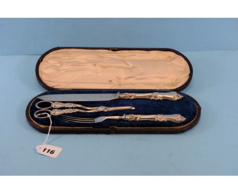 A 19TH CENTURY THREE-PIECE SILVER HANDLED FRUIT SERVER SET comprising:- Knife, fork and grape scissors by Savoy London, hallm