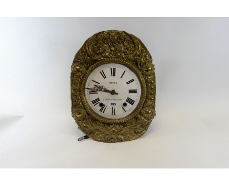 A 19TH CENTURY COMTOISE WALL CLOCK, circular enamel dial with embossed brass surround, twin weight driven movement, 16 1/2 in