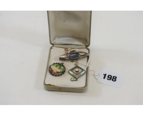 A GEORGE V CHARLES HORNER SILVER AND FLORAL ENAMEL PENDANT set with a pearl, Chester 1914 on a silver NECKCHAIN, a sterling s