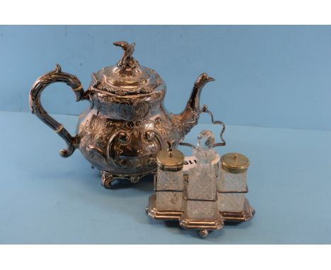 A VICTORIAN EMBOSSED SILVER PLATED TEAPOT with bird finial knop and sundry other plated ware.   £15-£25