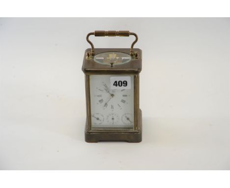 A 20TH CENTURY BRASS CASED "EPEE" MULTI DIAL REPEATING CARRIAGE CLOCK with white enamel dial and subsidiary day/calendar and 