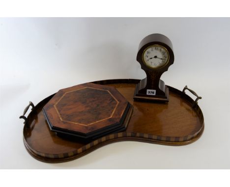 AN EDWARDIAN INLAID MAHOGANY BALLOON STYLE MANTLE CLOCK, an Edwardian kidney shaped mahogany TEA TRAY with floral inlay and a