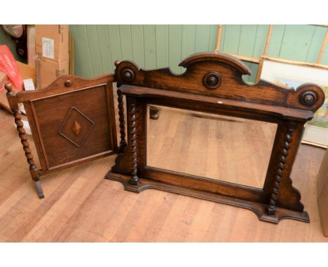 A 1920/30'S OAK OVERMANTLE MIRROR with projecting shelf and barley twist supports, 45 ins wide and a ditto FIRESCREEN.  (2)  