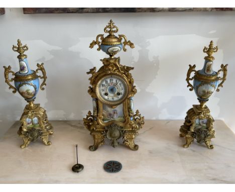 Three Piece Gilt French Porcelain and Ormolu Mantle Clock. 