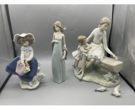 Lladro - Pretty Pickings, Girl with Basket of Flowers (good condition, no damage), Lladro - Ingenue (repair to the hand), and