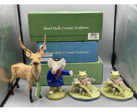 Three Boxed John Beswick Figurines to include Stag, Edward Trunk, and Two Jeremy Fisher Catches a Fish. 
Good condition, no d