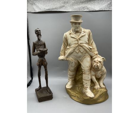 A Fieldings Crown Devon pottery figure of John Bull with Bulldog at his feet, along with Don Quixote Wooden Figure. 
Good con