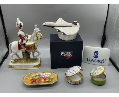 German Scheibe Alsbach Napoleonic Porcelain Figurine (damaged), British Airways - Airplane Whisky Container, Lladro Plaque (c