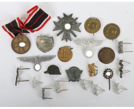 Third Riech German Medals and Badges: WW2 War Merit Cross with no ring/ribbon, War Merit medal, NSDAP cap eagle with pins, ar