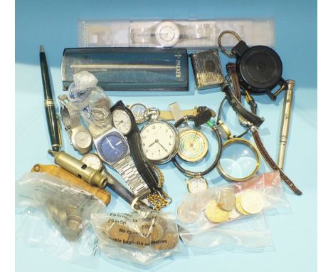 A plated Vesta case in the form of a book, a gold-plated watch chain, a Metropolitan whistle, various watches and other items