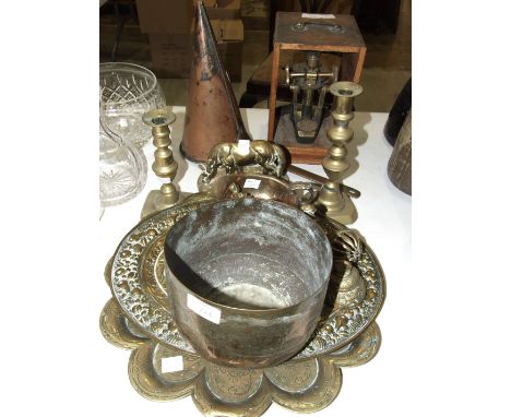 A copper ale muller, 30cm high, parts of an Arnold &amp; Sons microscope and other brass ware.