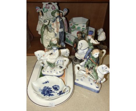 A collection of Rye Pottery 'Canterbury Tale' figures, two modern ceramic geisha figures and miscellaneous items.